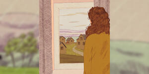 Illustration of a woman looking out a window.