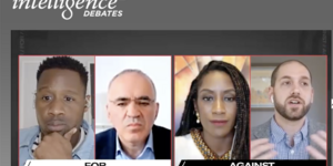 A screen shot of Erich Matthes from a debate he participated in. The the other three participants are also visible. 