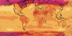 A heat map of the world with temperature markers.