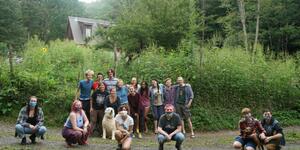 Woodland Harvest Mountain Farm worker Whitney Xu ’20 (center) and fellow Olin student farmers.