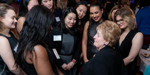 Madeleine K. Albright ’59 MKA surrounded by 2020 Albright Fellows during the closing dinner dialogue.