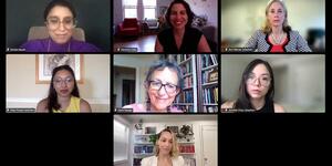 Screenshot shows seven Zoom screens from the June 30th webinar discussing the Dobbs decision.