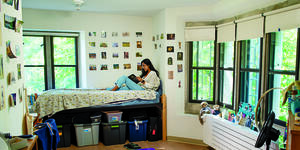 Severance House President Anjali Aralikar ’23 relaxes in her renovated dorm room.