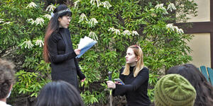 Chuxin Zhang ’24 (left) and Tekla Carlén '24 performed a scene from “Hamlet” during Shakespeare in Translation; Zhang performed 