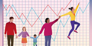 A graphic drawing of people standing along and upward sloping line