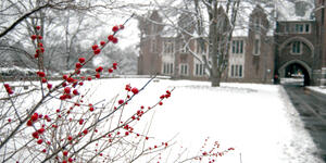A winter photo of campus with winter berries in the foreground.