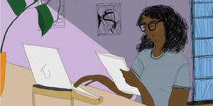 illustration of a person writing on a laptop