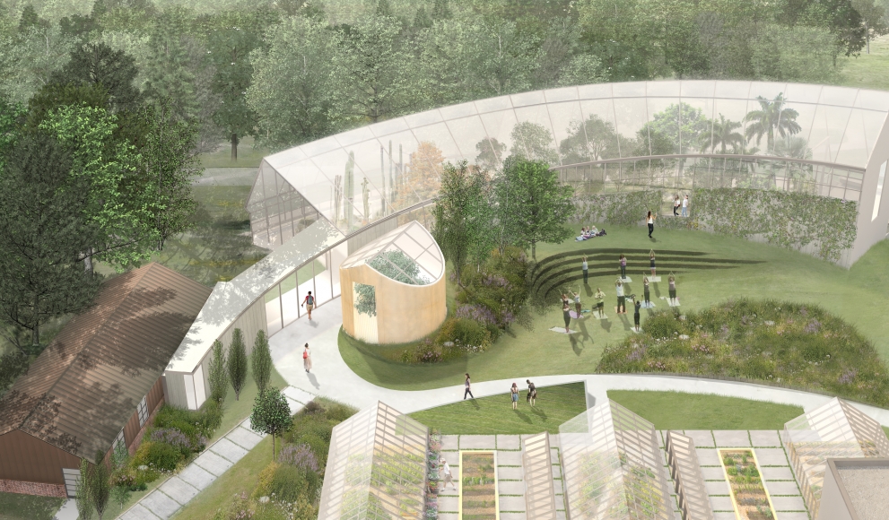 A architectural rendering of Global Flora, consisting of a greenhouse and green space
