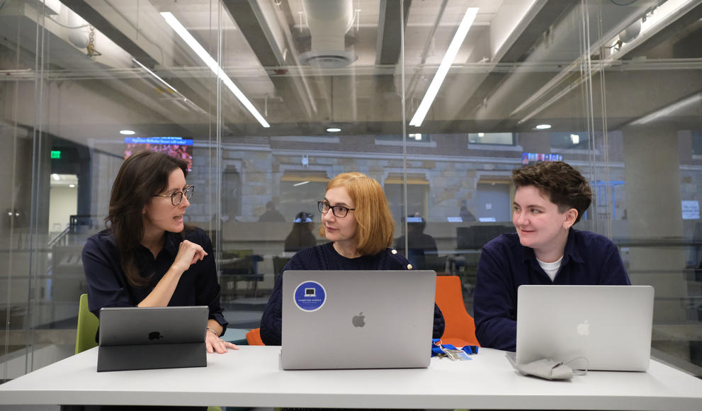 Professors Julie Walsh and Eni Mustafaraj meet with their research associate CJ Larkin.