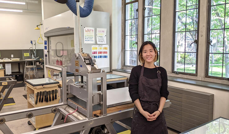 Rinako Sonobe stands in the printshop in Pendleton West