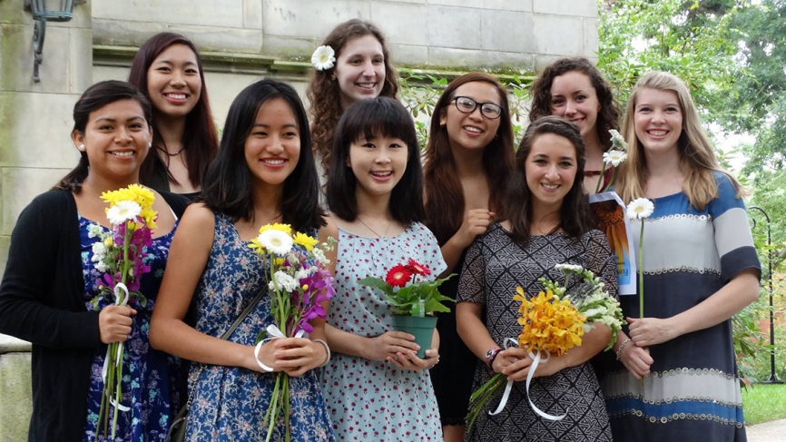 Students pose for a photo outside of the chapel.