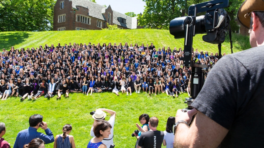 The Wellesley College class of 2018 lines up for their class photo.