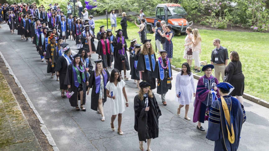 With Wellesley’s 140th commencement exercises about to begin, the class of 2018 lines up outside of Green Hall.