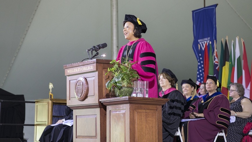 President Paula A. Johnson speaks to the class of 2018.