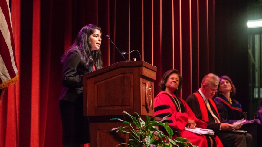 Saafia Masoom ’20, College Government interim president, addressed her peers.