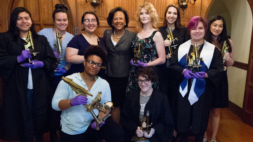 President Johnson and the students pose for a group photo in the President's Office. 