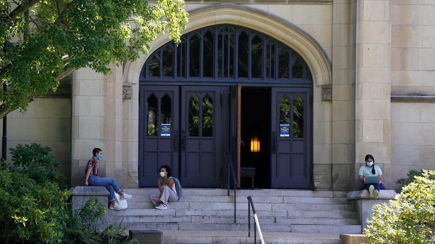 students social distancing on campus