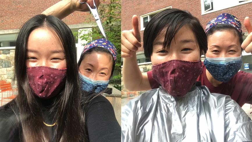 Raine Higa ’23 before and after a haircut from director of residential life Helen Wang.