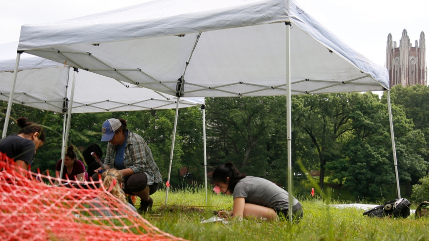 Students work at a dig site with the Galen Stone Tower looming overhead.