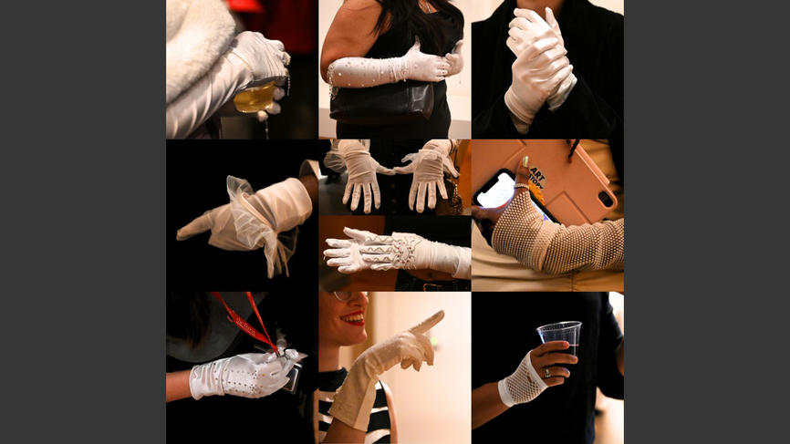 A grid of photos of hands wearing white gloves.
