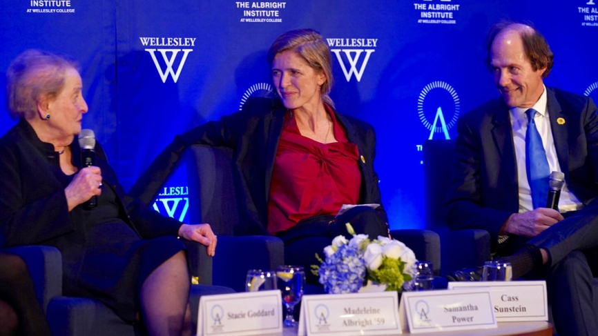 Madeleine Albright, Samantha Power and Cass Sunstein speak to a crowd.