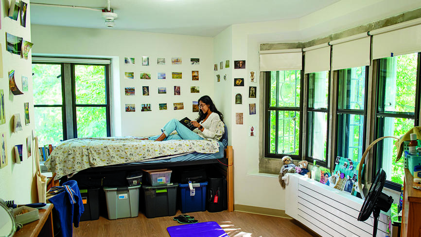 Severance House President Anjali Aralikar ’23 relaxes in her renovated dorm room.