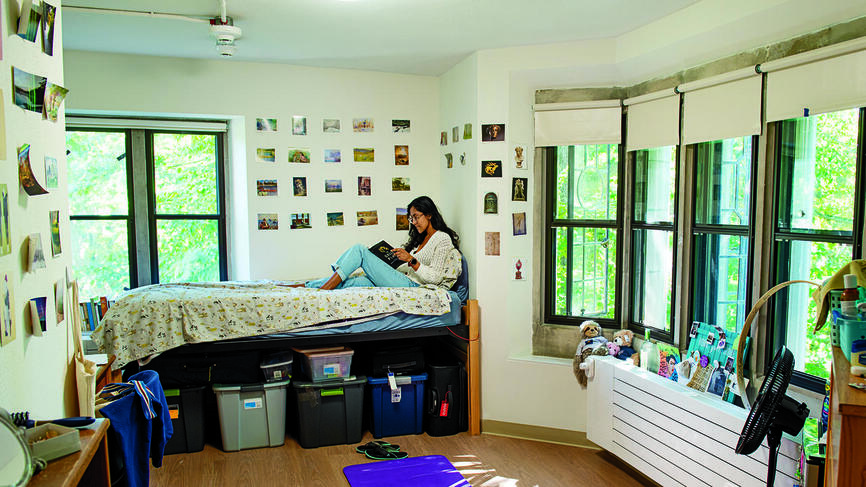 Severance House President Anjali Aralikar &rsquo;23 relaxes in her renovated dorm room.