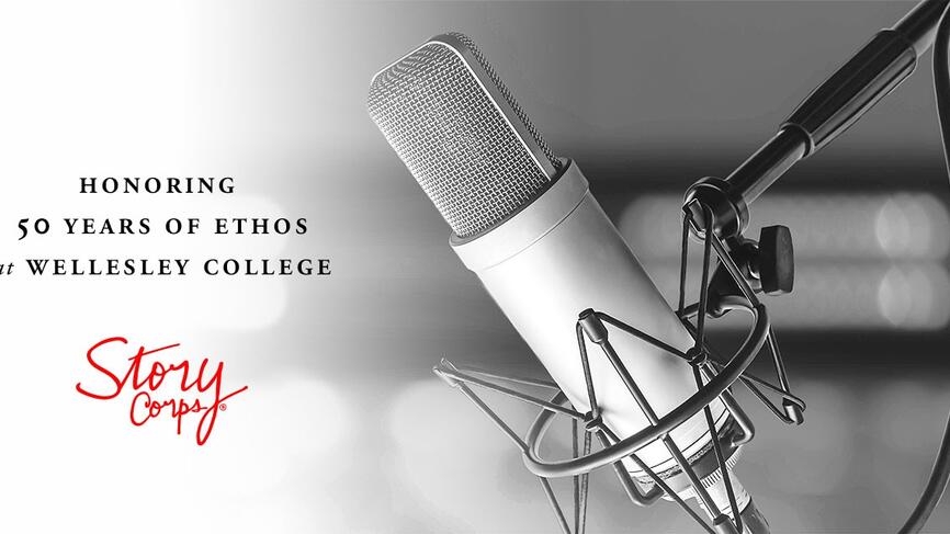 A microphone. Text reads: Honoring 50 years of Ethos at Wellesley College