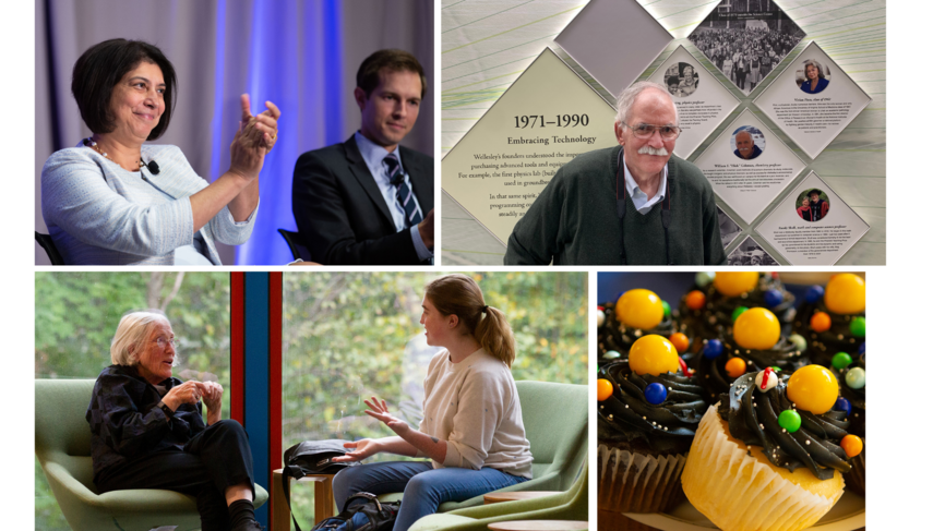 Collage showing Dr. Reshma Kewalramani, Flick Coleman, an alum speaking with her grand niece and astronomy themed cupcakes.