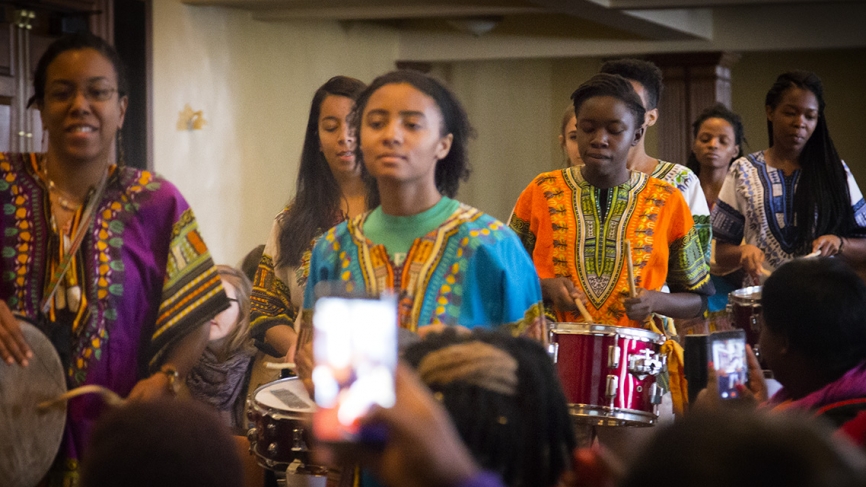 Wellesley’s Yanvalou Drum and Dance Ensemble perform traditional African music with drums.