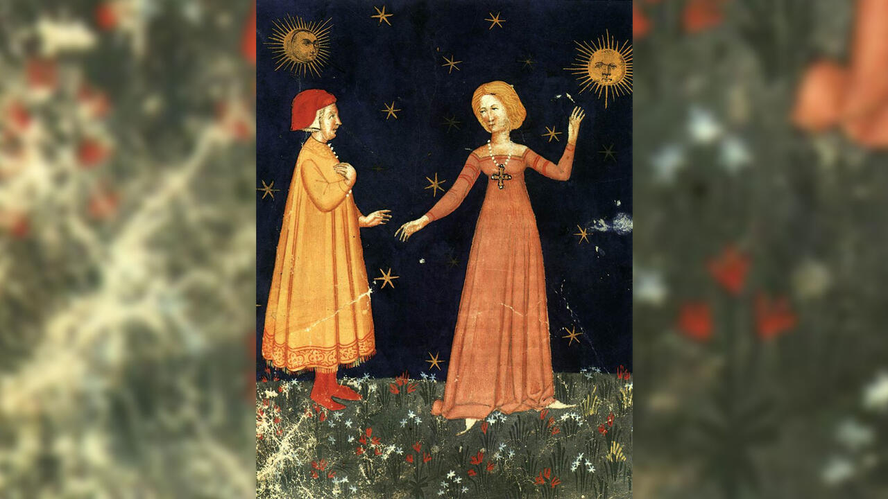 Antique book manuscript illustration of Dante and Beatrice