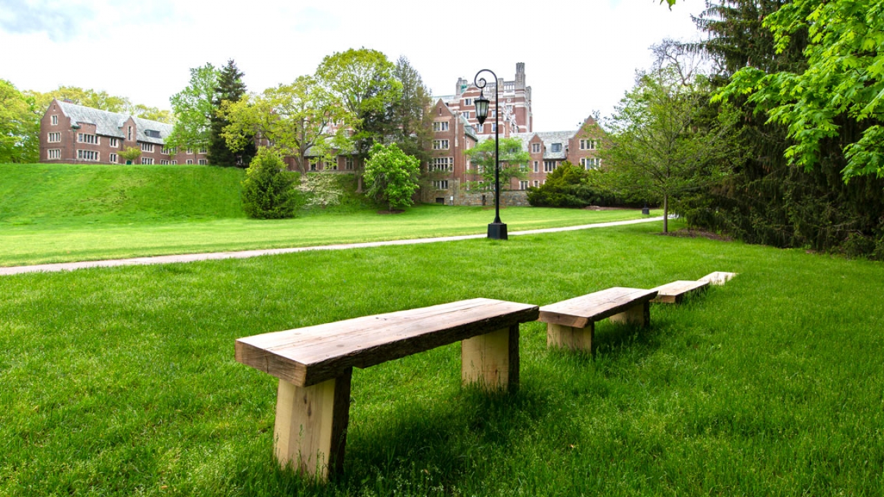 Four benches made of wood and by students overlooking Severance Green
