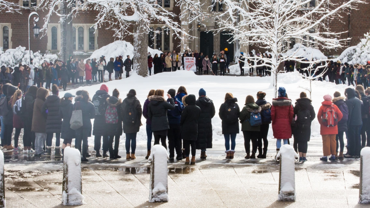 Students faculty and staff gathers to honor victims of Parkland, Fla., High School tragedy.