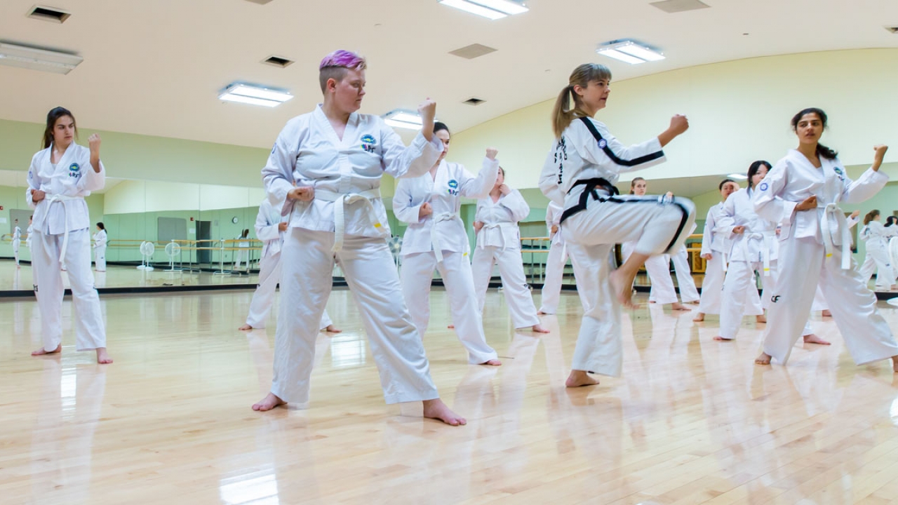 Students practice taekwon-do with their instructor.