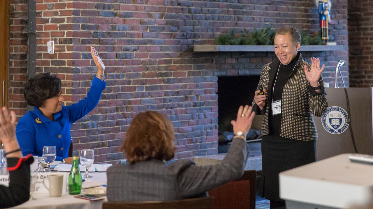Beverly Daniel Tatum, author and president emerita of Spelman College leads a workshop with senior leaders, including President 