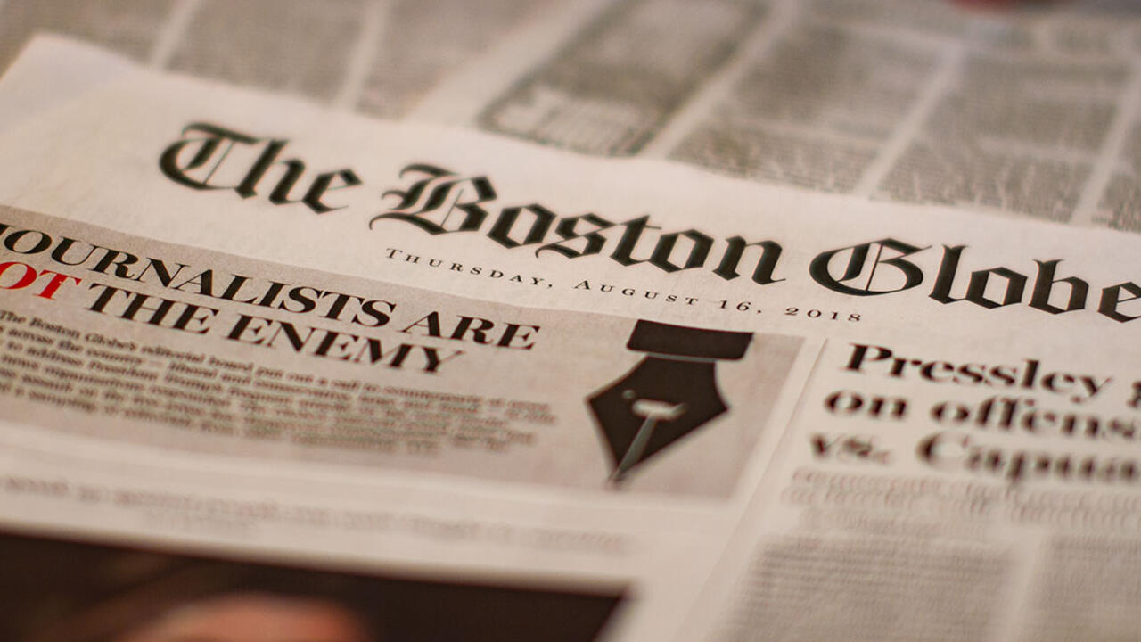 The front page of the Boston Globe. It reads "Journalists are not the enemy."