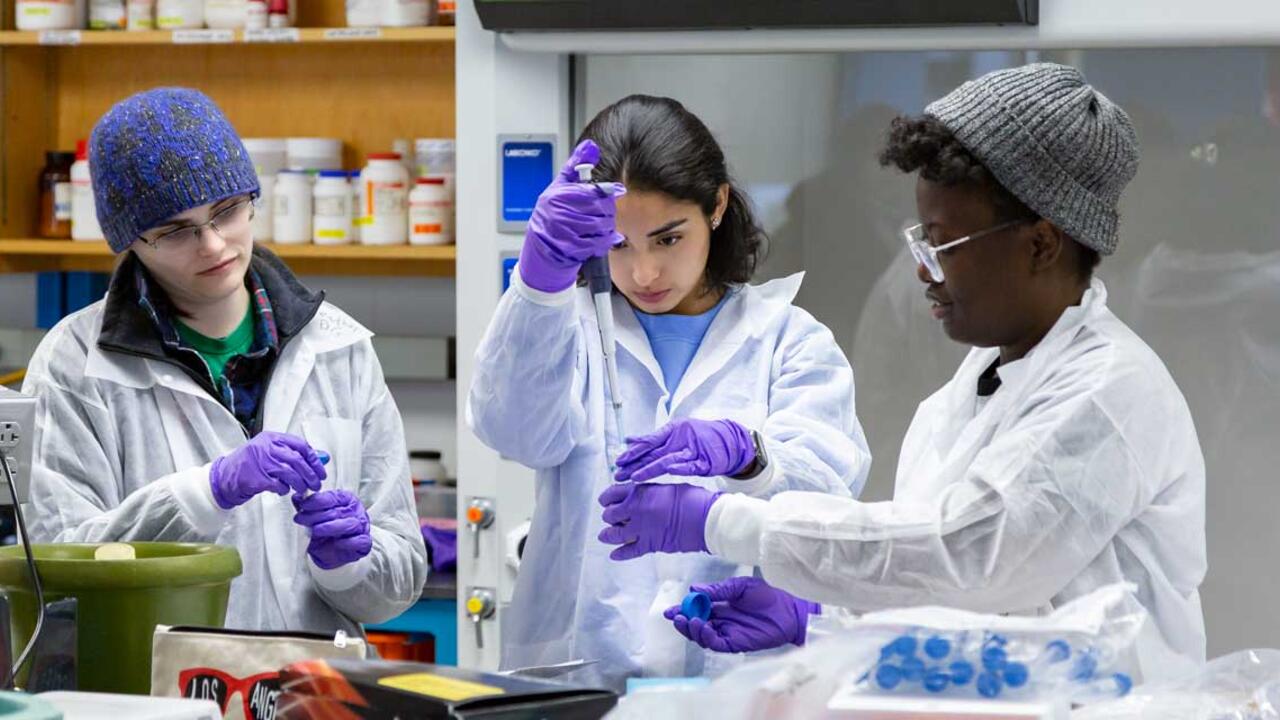 Two students and their mentor work through a science lab project. 