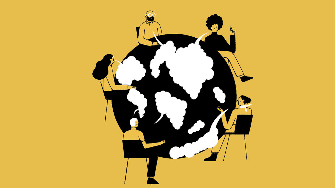 Illustration of five people sitting around a black table with white text bubbles. Background color is mustard yellow.