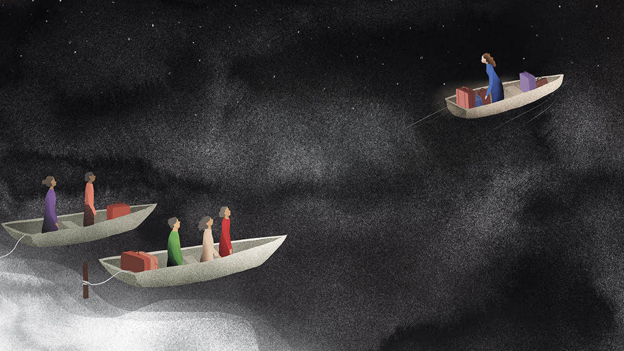 An illustration of people sitting in three boats on a dark ocean.