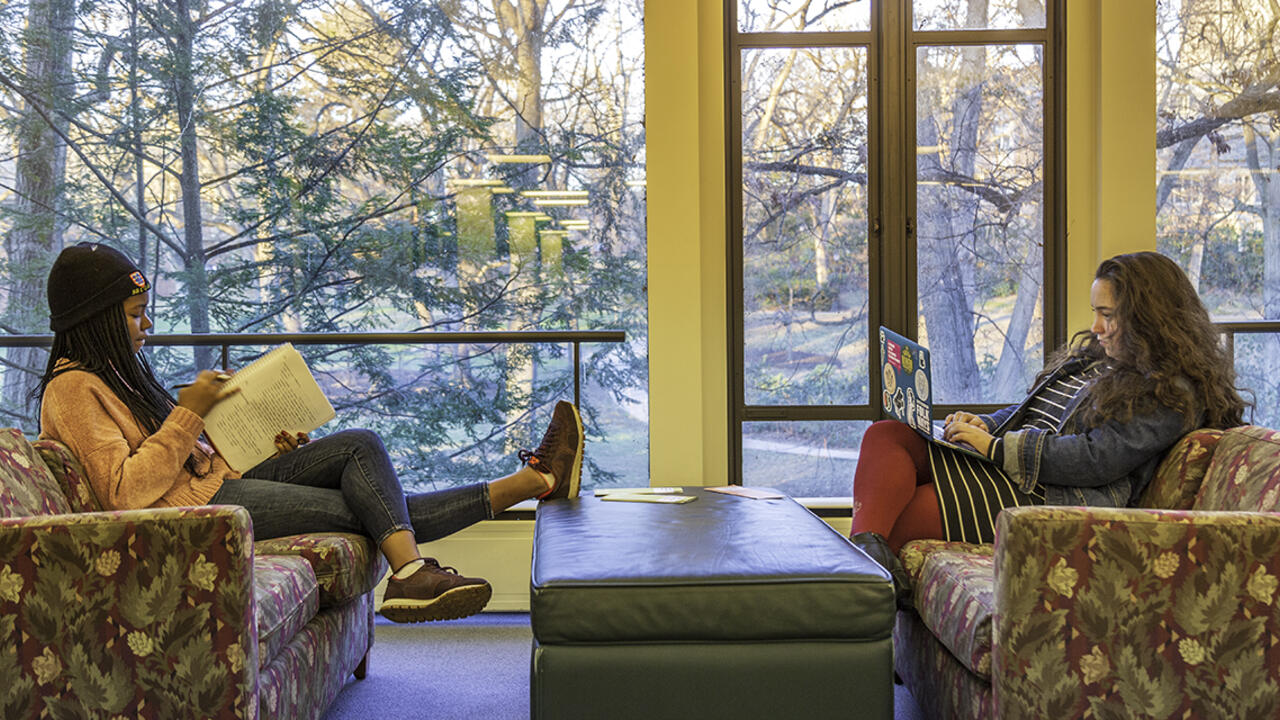 Two students study in the library.
