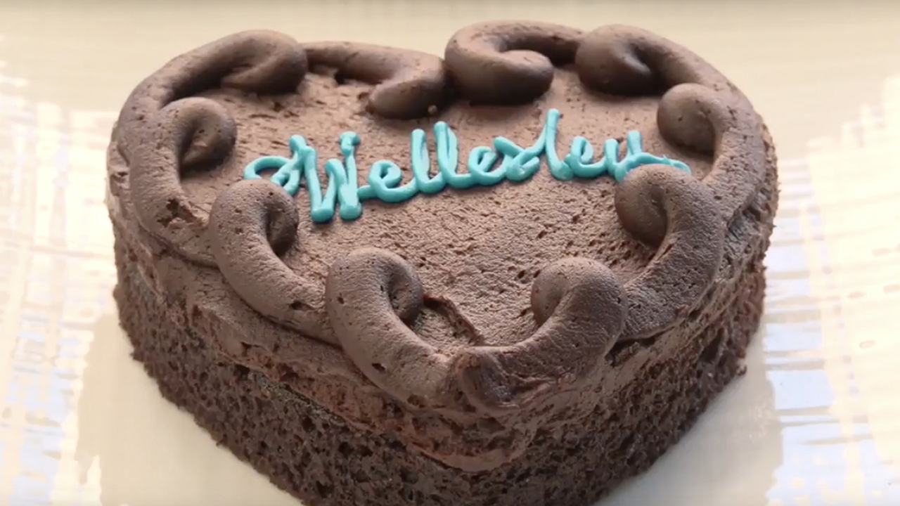 Wellesley Fudge Cake made in the shape of a heart. 