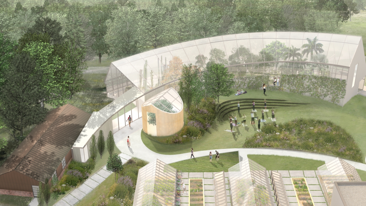 A architectural rendering of Global Flora, consisting of a greenhouse and green space