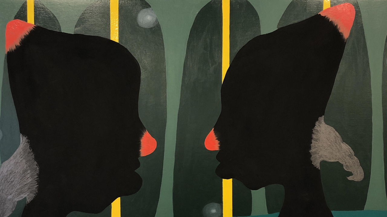 Alexandria Smith's “portrait of a Love Supreme," which depicts 2 silhouettes of human faces. 