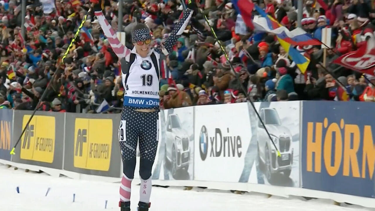 Clare Egan skis into the finish line.