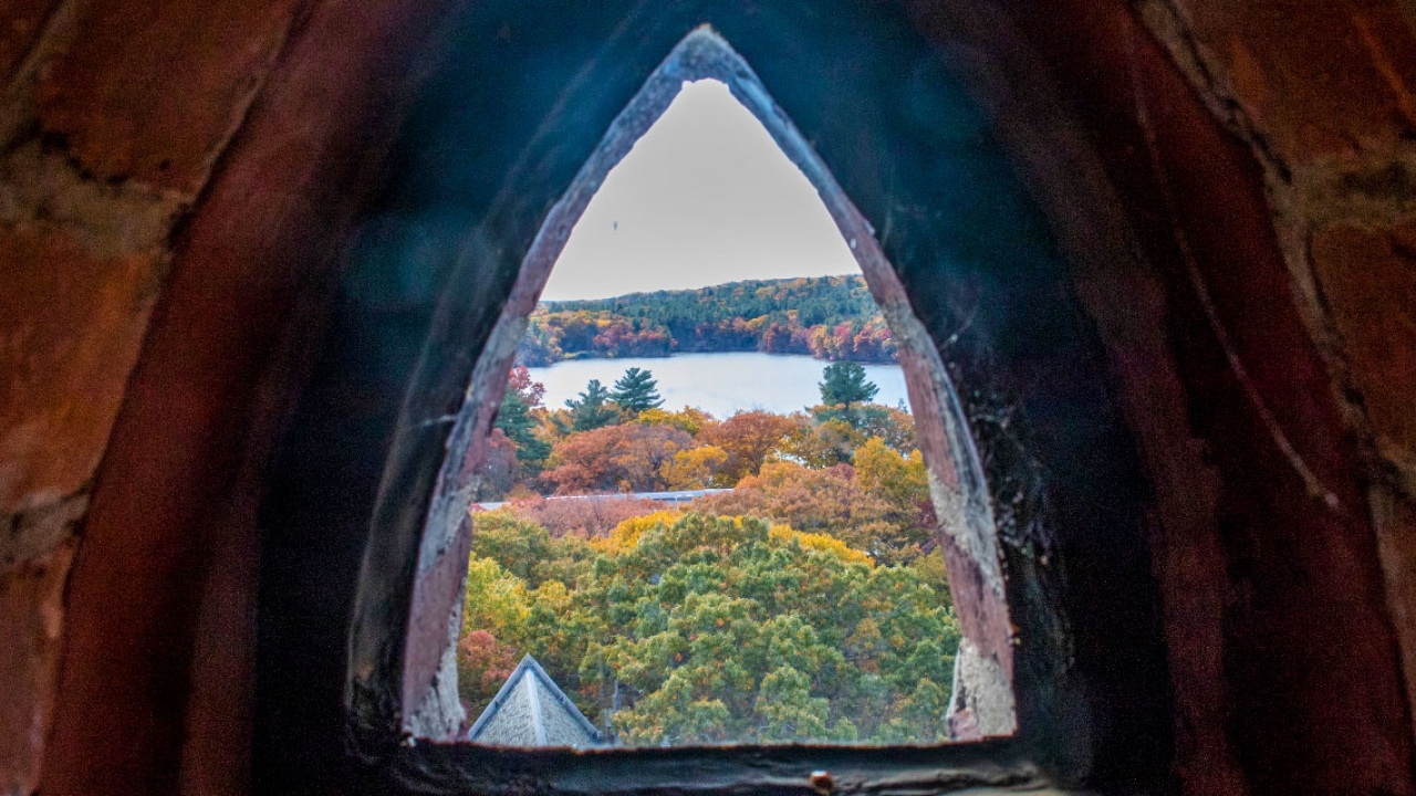 A view of lake waban and fall foliage from Galen Stone Tower