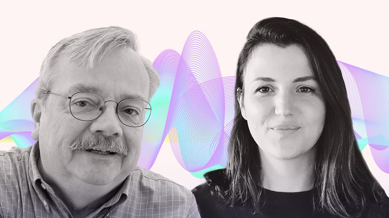 A head shot of a male professor and female alumna with a sound wave behind them