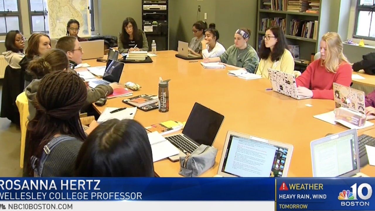 A screen shot from an NBC Boston broadcast that depicts a Wellesley seminar class discussion.