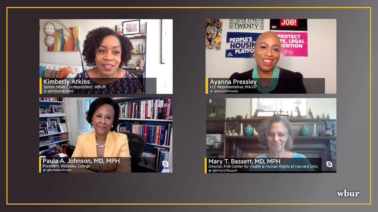 President Paula Johnson, U.S. Rep. Ayanna Pressley, Dr. Mary Travis Bassett, Kimberly Atkins