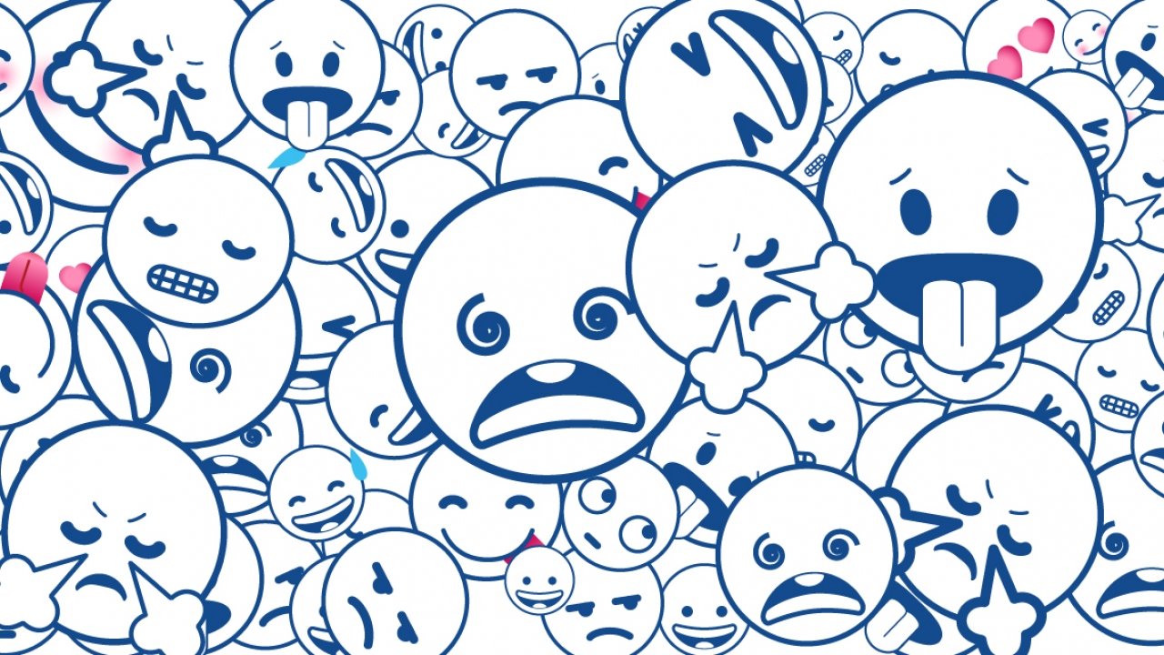 Dozens of emoji faces depicting fear, disgust, happiness, sadness, frustration. 