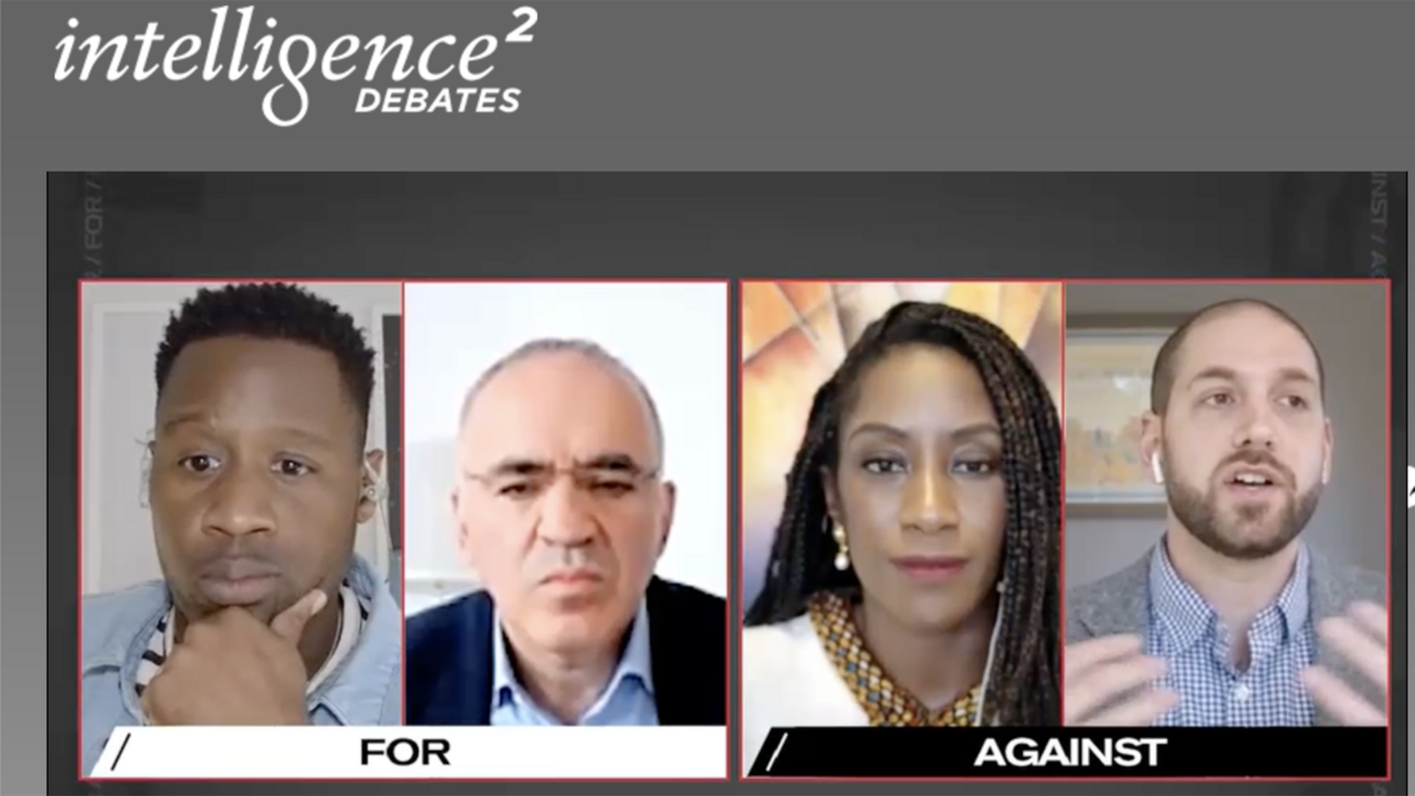 A screen shot of Erich Matthes from a debate he participated in. The the other three participants are also visible. 